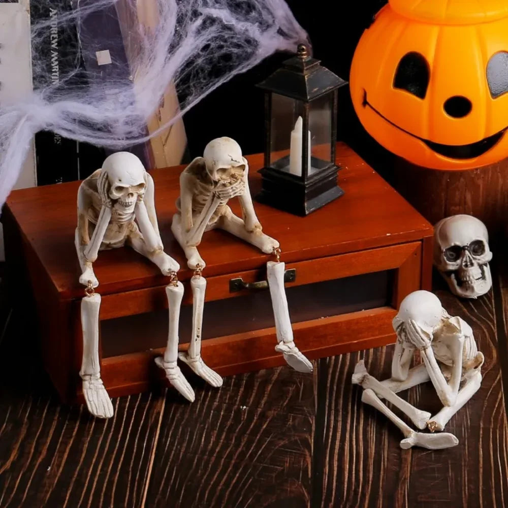 See No Evil Skeleton Figurine Set — Resin Skull Bookshelf & Halloween Decor