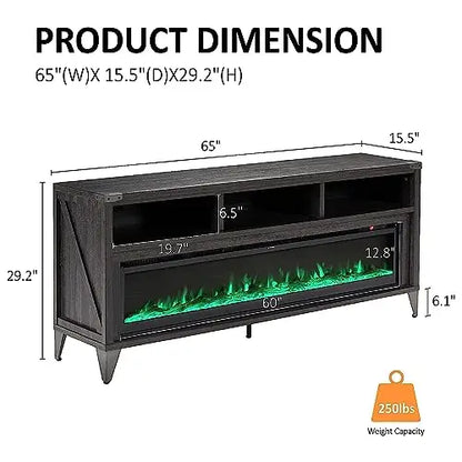 65" Fireplace TV Stand with 60" Glass Electric Fireplace — Industrial Farmhouse Media Center