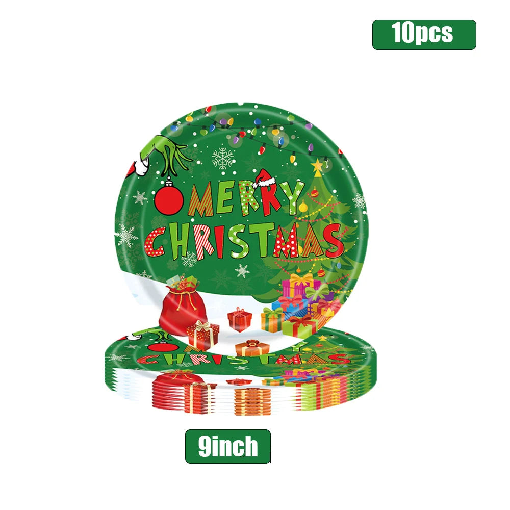 2026 Christmas New Decorations Green Party Tableware Set Disposable Paper Plates Cups Napkins For New Year Eve Dinner Supplies