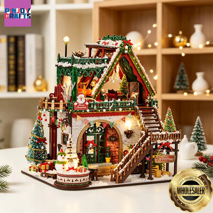 Christmas Snow Scene Wooden DIY Miniature House Kit – LED 3D Puzzle & Creative Holiday Gift