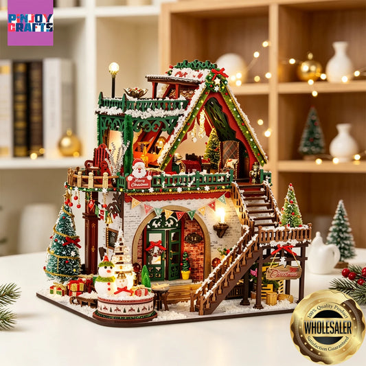 Christmas Snow Scene Wooden DIY Miniature House Kit – LED 3D Puzzle & Creative Holiday Gift