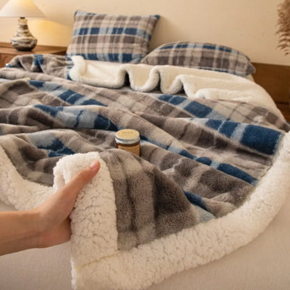 Thickened Double Layer Plaid Plush Blanket Faux Cashmere Autumn Winter Warm Bed Blanket Soft Cozy Sherpa Fleece Throw for Sofa