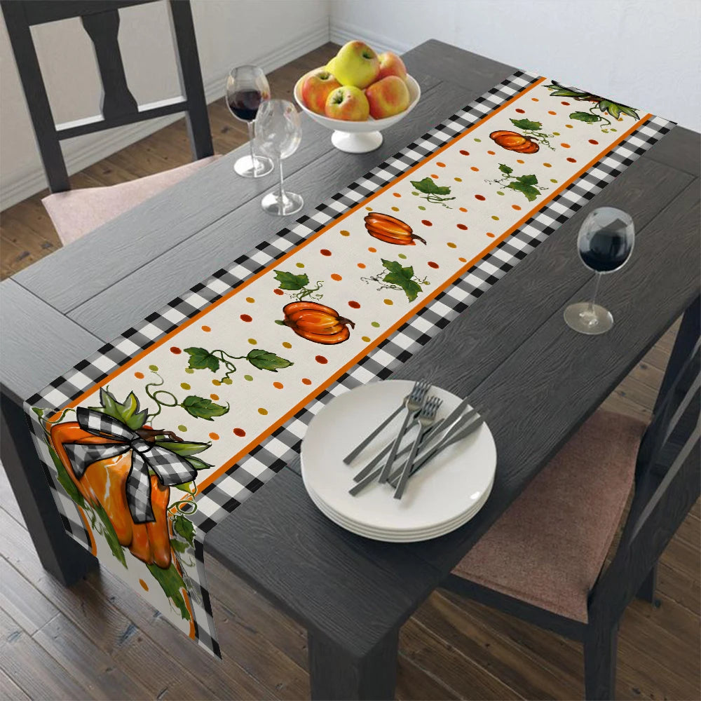 Fall Pumpkin Table Runner Black White Buffalo Plaid Edge, Autumn Harvest Bow Pumpkin Print Tablecloth, Thanksgiving Dining Table