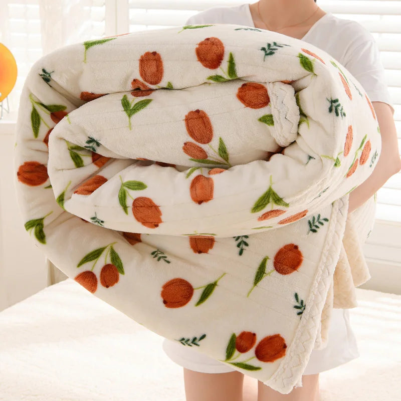 Floral Sherpa Fleece Blanket Thick Warm Double Layer Plush Autumn Winter Blankets for Bed Tulip Printed Soft Sofa Throw Blanket