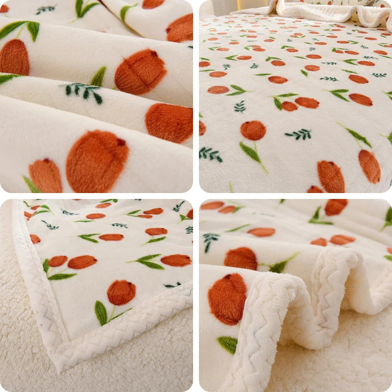 Floral Sherpa Fleece Blanket Thick Warm Double Layer Plush Autumn Winter Blankets for Bed Tulip Printed Soft Sofa Throw Blanket