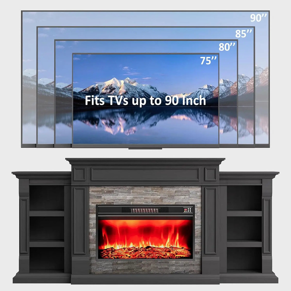 80" Electric Fireplace TV Stand with Mantel — Stacked Stone Surround
