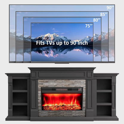 80" Electric Fireplace TV Stand with Mantel — Stacked Stone Surround