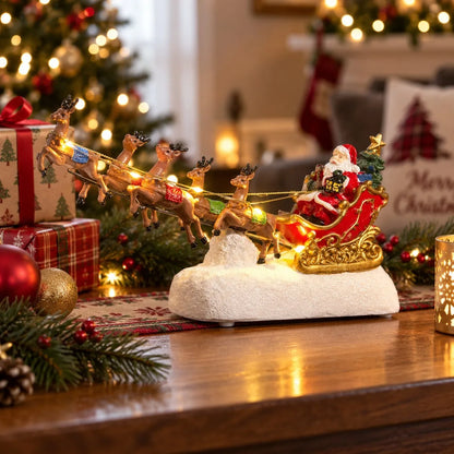 Christmas Village Santa Sleigh & Reindeer Figurine – Lighted Musical Tabletop Décor