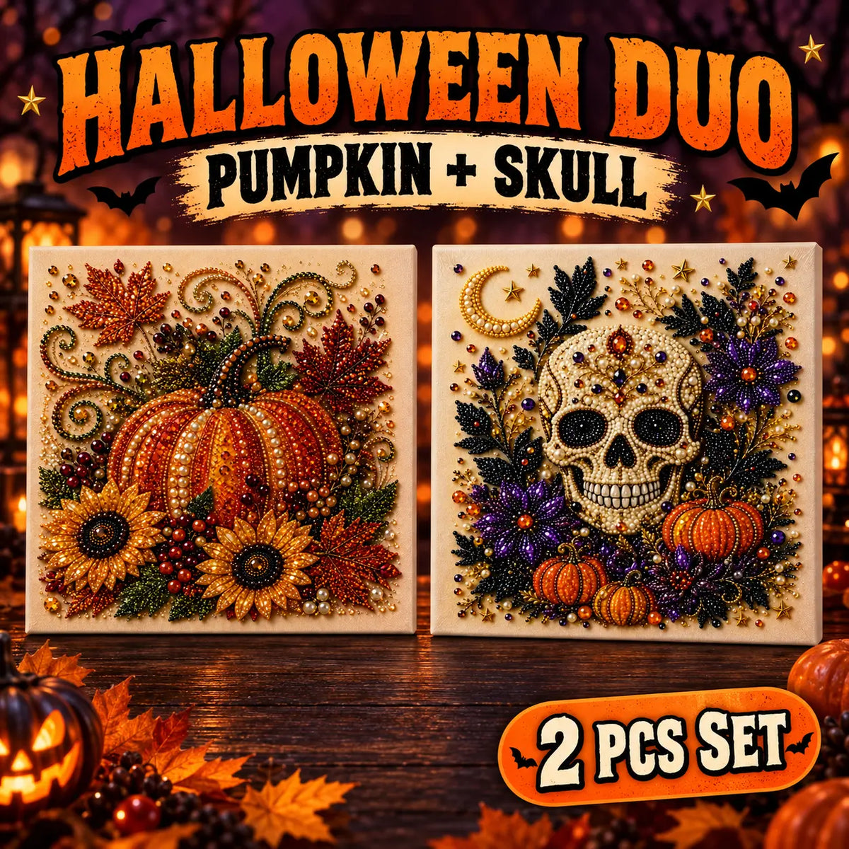 Halloween Diamond Painting Kits with Frame for Adults & Teens, 5D DIY Diamond Art Craft Kit with Full Drill Canvas and Tools, Pumpkin Ghost Witch Cat Halloween Wall Decor, Beginner-Friendly Gift, 8 X 8 Inch