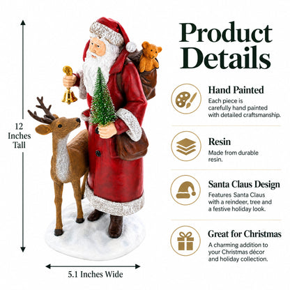 12in Santa Holding Christmas Tree and Bell by Reindeer Figurine