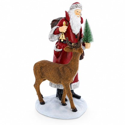 12in Santa Holding Christmas Tree and Bell by Reindeer Figurine