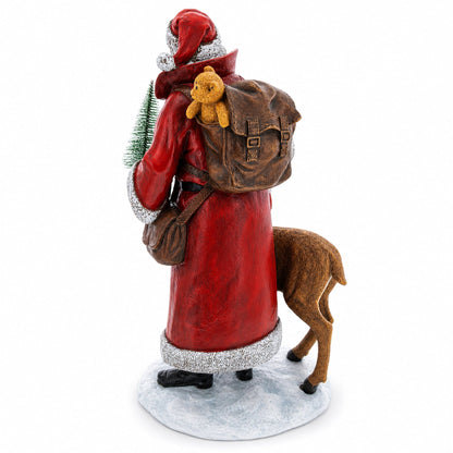 12in Santa Holding Christmas Tree and Bell by Reindeer Figurine