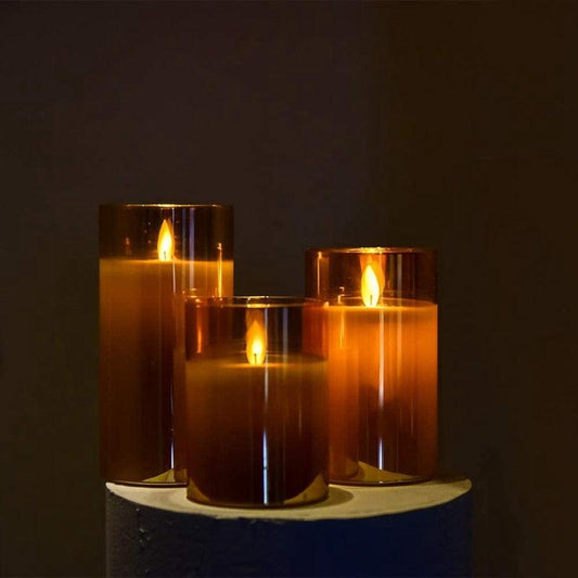 Amber Glass LED Flameless Candle Set with Remote & Timer