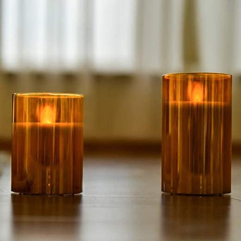 Amber Glass LED Flameless Candle Set with Remote & Timer