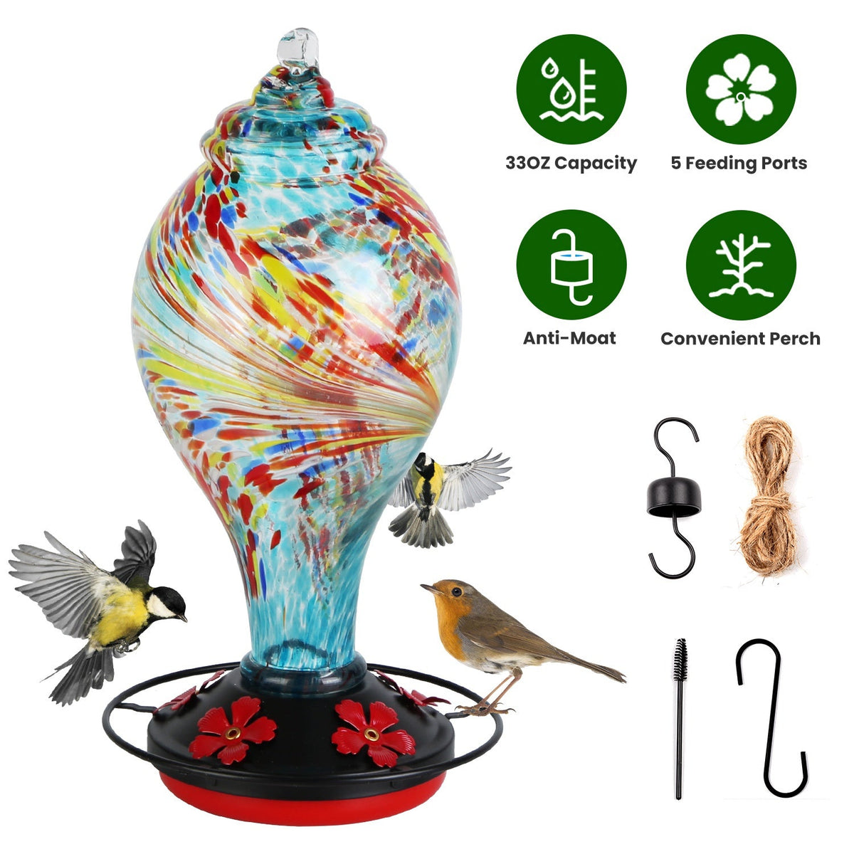33oz Hand Blown Hummingbird Feeder with 5 Flower Feeding Port Perch Ant Moat Hanging Hook S Hook Hemp Rope Cleaning Brush for