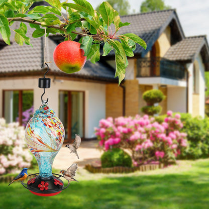 33oz Hand Blown Hummingbird Feeder with 5 Flower Feeding Port Perch Ant Moat Hanging Hook S Hook Hemp Rope Cleaning Brush for