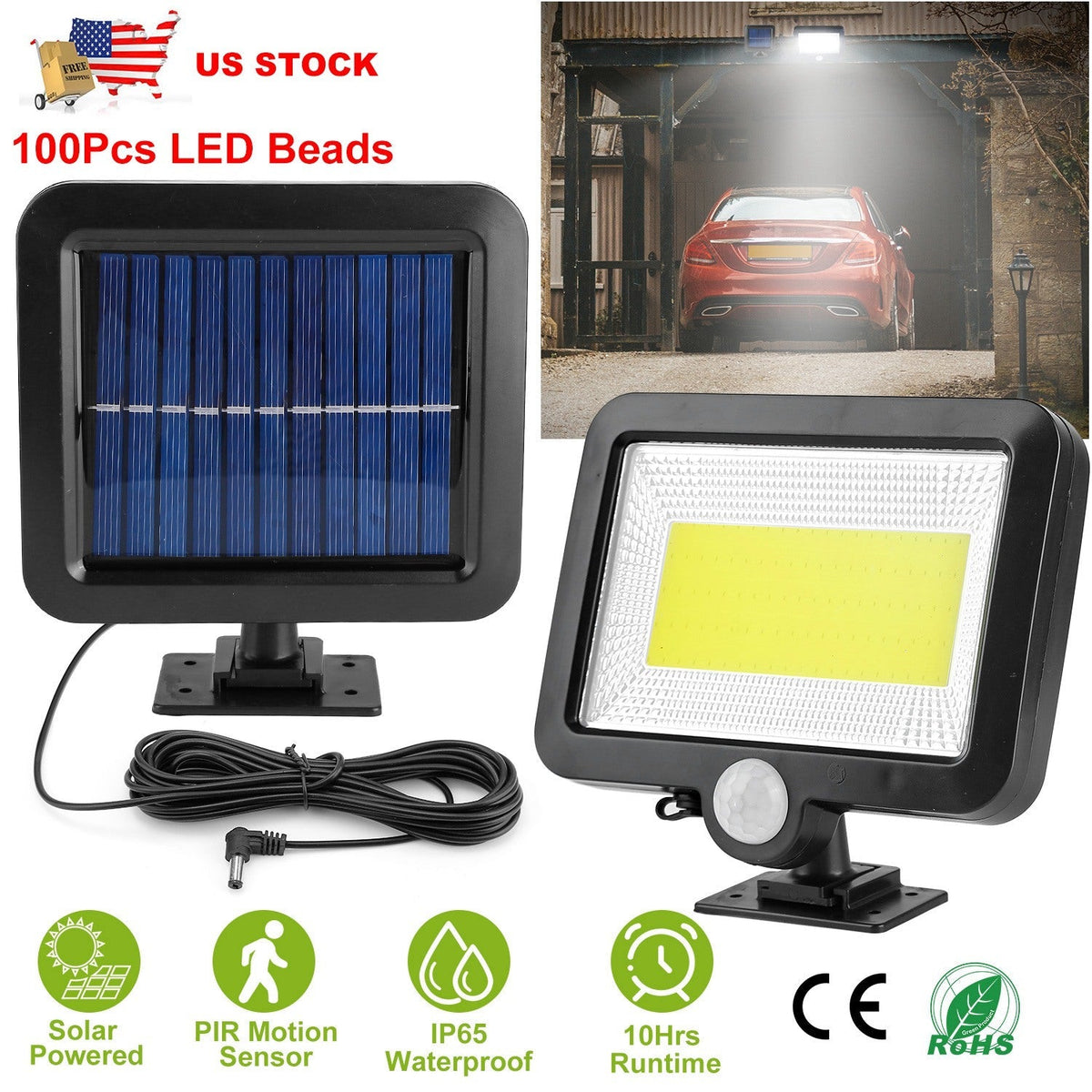 Solar Powered Wall Lights Outdoor 100 LED Beads Motion Sensor Lamp IP65 Waterproof Dusk To Dawn Sensor Light For Front Door Deck