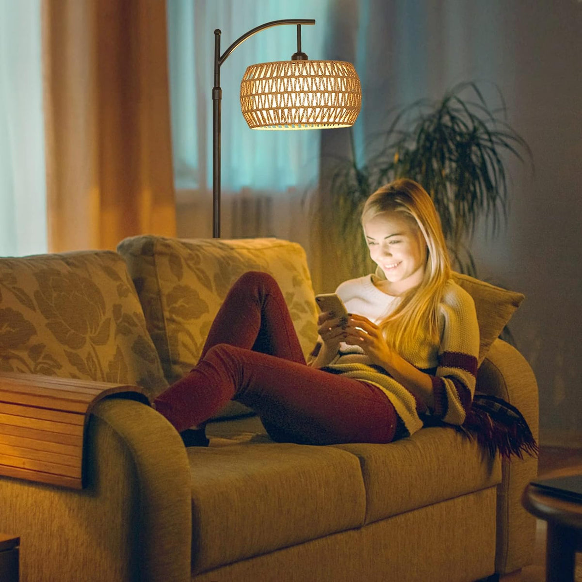 Arc Floor Lamp with Remote Control, Dimmable LED Floor Lamp with 3 Color Temperature Boho Farmhouse Tall Pole Lamp