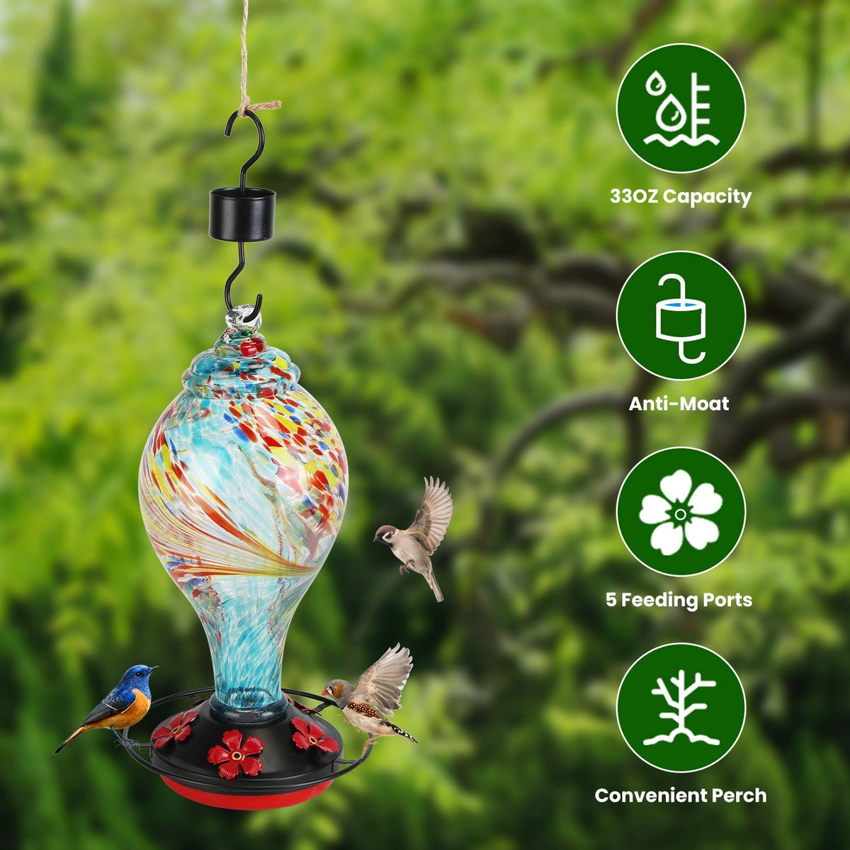 33oz Hand Blown Hummingbird Feeder with 5 Flower Feeding Port Perch Ant Moat Hanging Hook S Hook Hemp Rope Cleaning Brush for