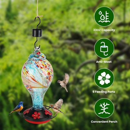 33oz Hand Blown Hummingbird Feeder with 5 Flower Feeding Port Perch Ant Moat Hanging Hook S Hook Hemp Rope Cleaning Brush for